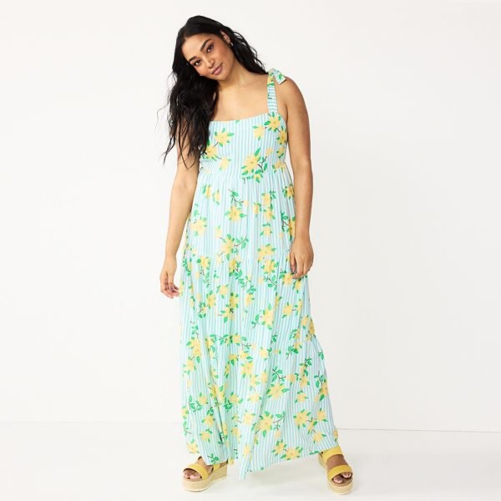 Draper James RSVP XL Stripe Floral Linen Blnd Tie Strap Tiered Maxi Dress NWT